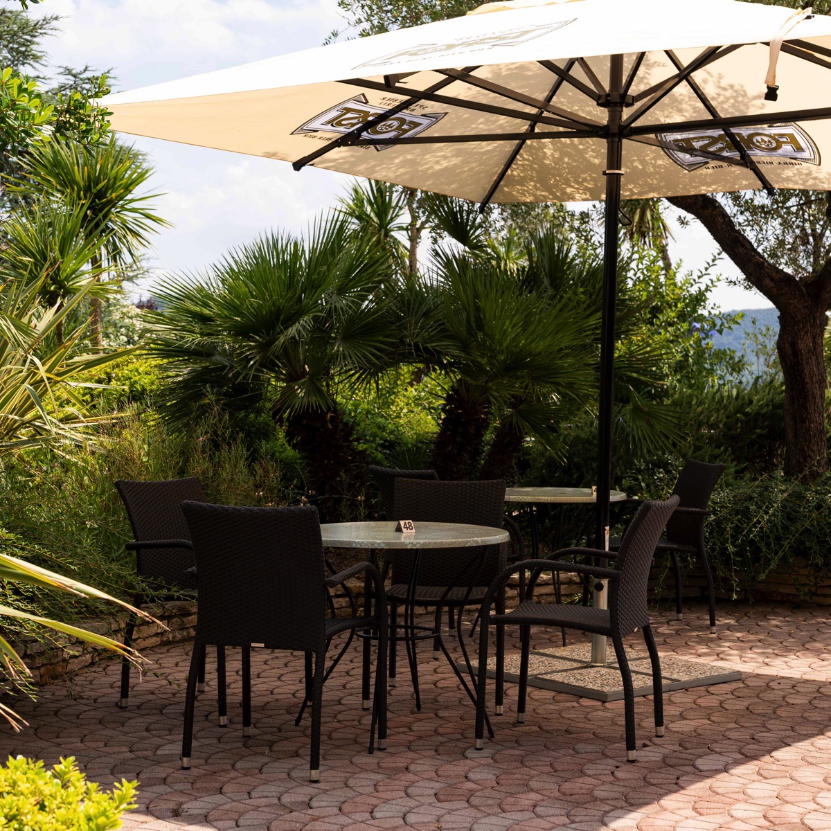 Terrazza giardino con tavolo rotondo e sedie in rattan sotto grande ombrellone, palme e pavimento in pietra, soleggiato